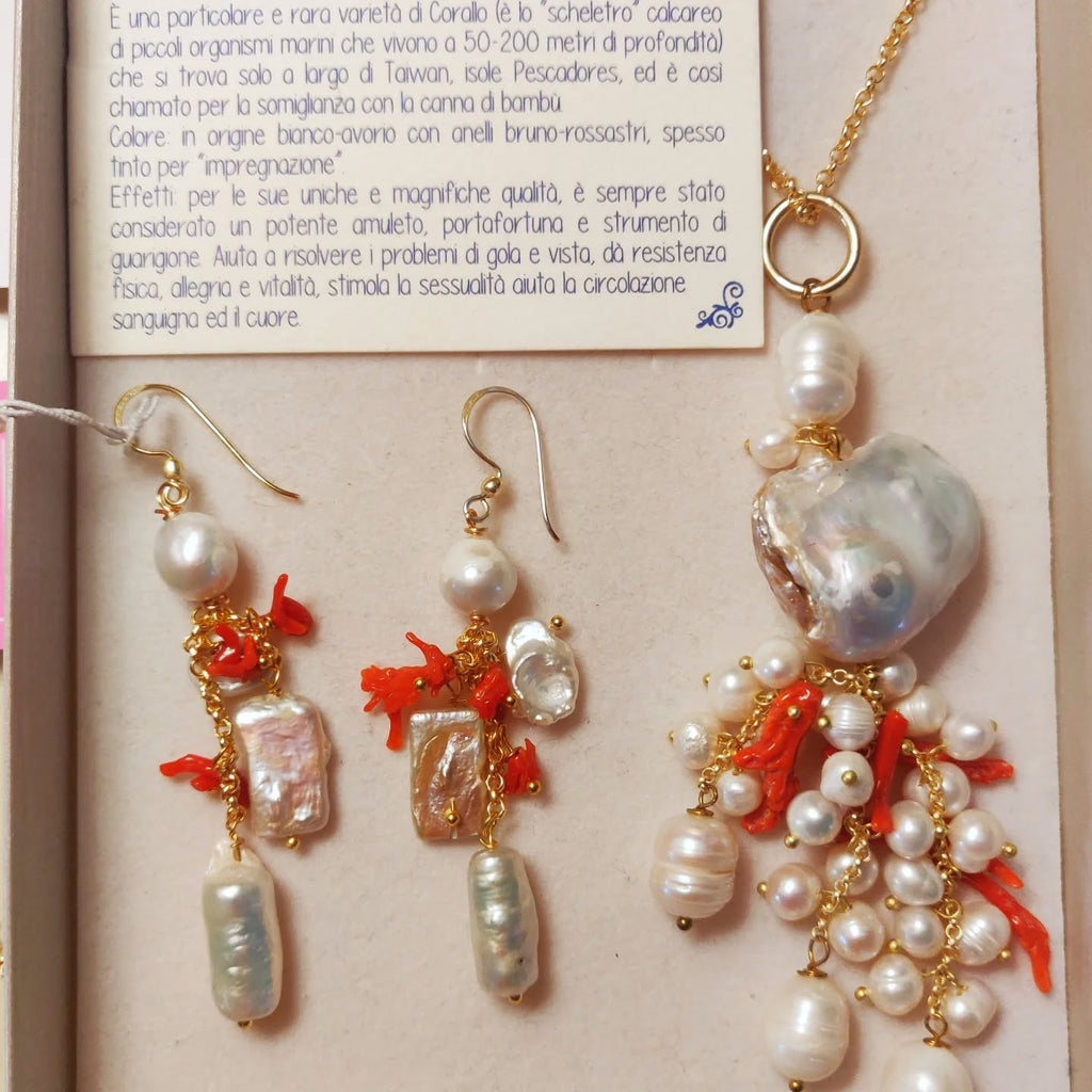 Scaramazze pearl and bamboo coral necklace and earrings set