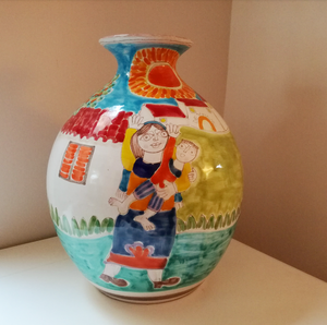 Vaso ceramica De Simone decorato con scene di vita contadina