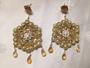 Tatting lace earrings, rock crystals and beads